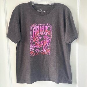 Ariat Girls XL Graphic Tee Grey Pink Floral Logo Western Cowgirl Shirt